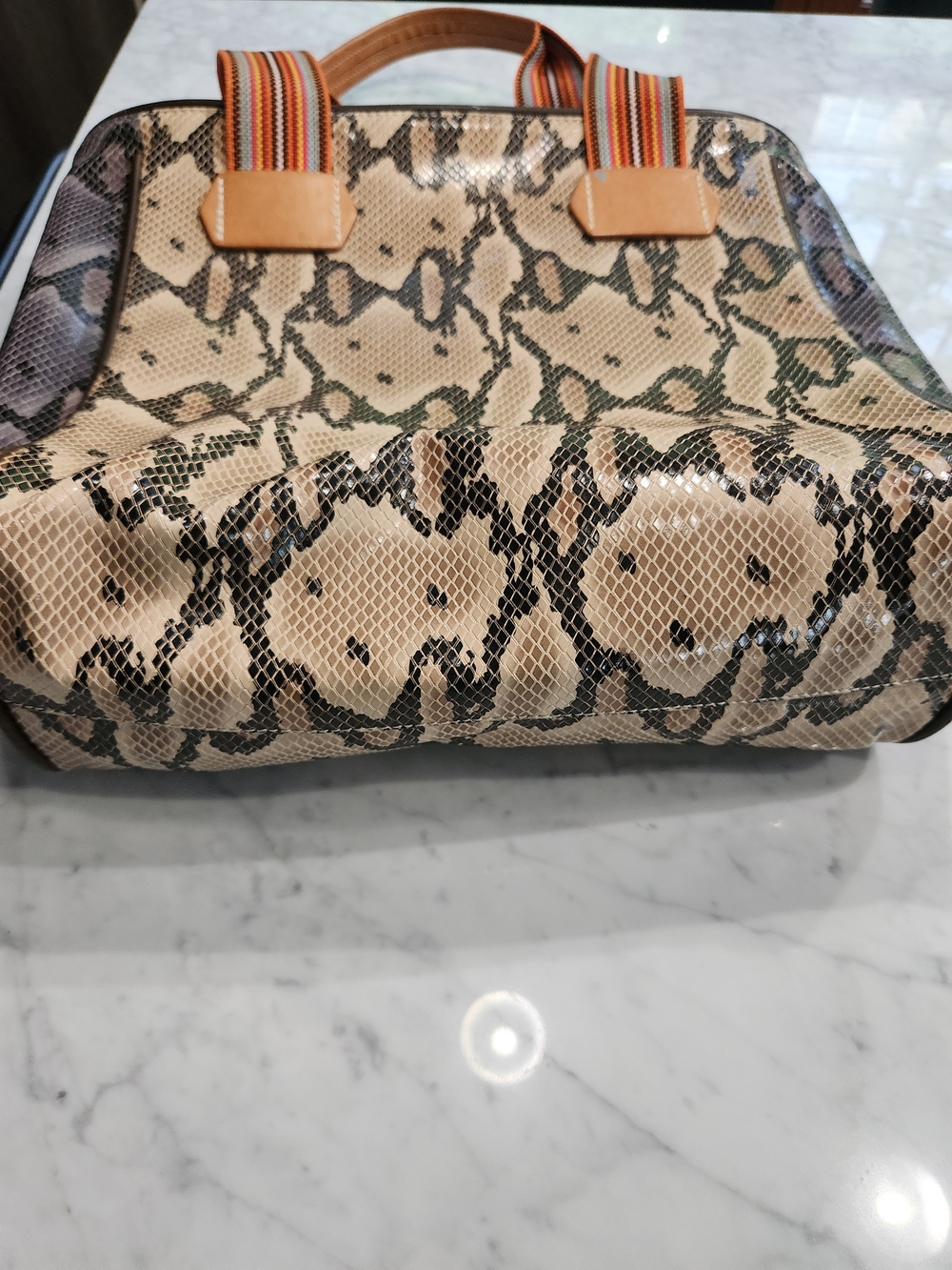 Consuela Beige and Gray Snake-Print Shoulder Bag, Striped Handles, BRAND NEW.